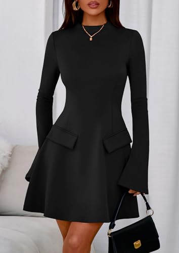 PRETTYGARDEN Women's Elegant Holiday Short Dress 2026 Fall Bell Long Sleeve Mock Neck Work Business Casual Party Mini Dress