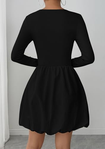 PRETTYGARDEN Fall Dresses for Women 2026 Casual Long Sleeve Bubble Cute Crew Neck A Line Mini Short Dress with Pockets