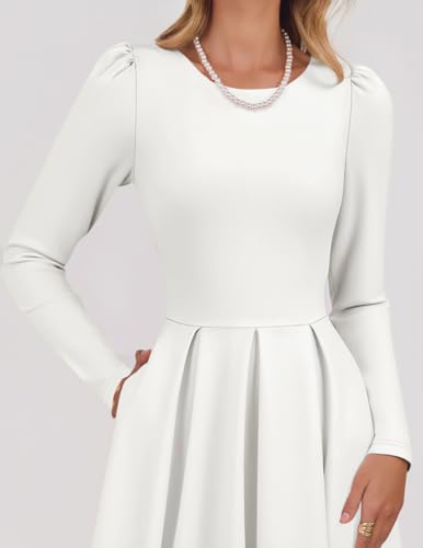 ZESICA Women's Long Sleeve Midi Dresses 2026 Fall Elegant Crewneck Swing A Line Wedding Guest Party Dress with Pockets