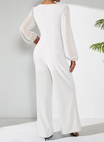 Pink Queen Jumpsuits for Women Dressy Patchwork Chiffon Sleeve V Neck Wide Leg Romper Holiday Party Outfits
