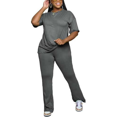 PINSV Women 2 Piece Outfits Short Sleeve Top and Flare Pants Lounge Sets Tracksuit