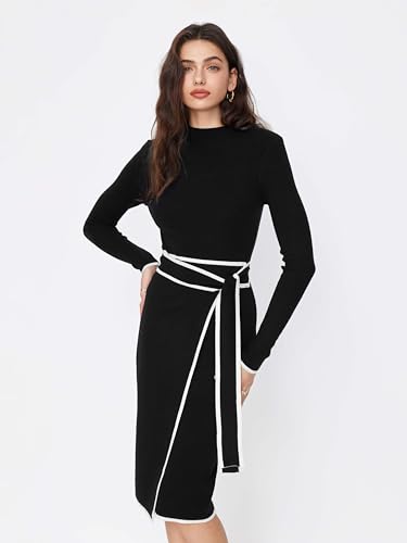 CIDER Sweater Dress for Women Long Sleeve Dress Mock Turtleneck Bow Tie Midi Work Dresses Old Money Dresses Fall Winter