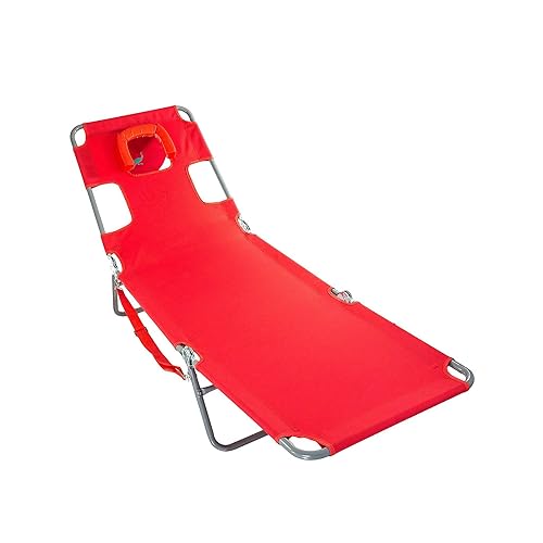 Ostrich Beach Lounge Chair, Folding & Reclining Outdoor Chaise Lounger, Red - Portable Adjustable Recliner Chair for Lawn,...