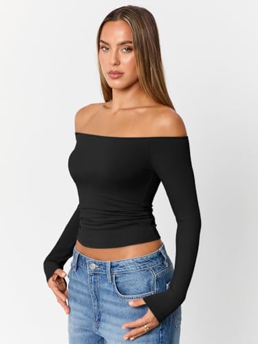 Trendy Queen Womens Long Sleeve Off The Shoulder Tops Going Out Cute Basic Y2K Fall Fashion 2026 Outfits Clothes