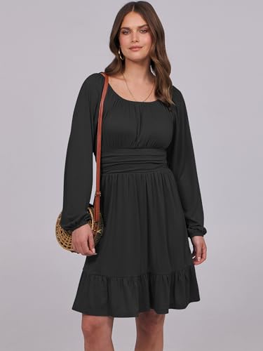 ANRABESS Womens Dress Long Lantern Sleeve Square Neck Elastic Waist Ruffle Flowy Swing A-Line Short Dresses 2025 Fall Fashion