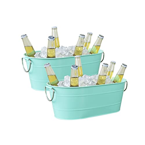 Ice Bucket Galvanized Tub, 2 Pcs 3 Gallon Oval Beverage Tub, Drink Cooler Ice Buckets for Parties, Metal Bucket with Handl...