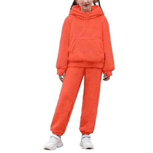 Arshiner Girls 2 Piece Outfits Drop Shoulder Hoodie Half Zip Fluffy Sweatshirt and Fleece Pants Sweatsuit