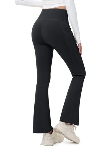 Women's Winter Fleece Lined Flare Leggings Waterproof Insulated Pants Hiking Yoga Bootcut Leggings with 3 Pockets