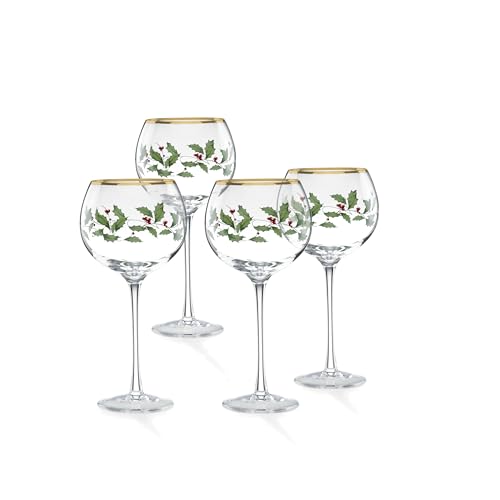 Lenox Drinkware, Holiday 4-Piece Wine Balloon Glass Set, Set Of 4, 14 Fl Oz Capacity, Made From Glass, Festive Red Christm...
