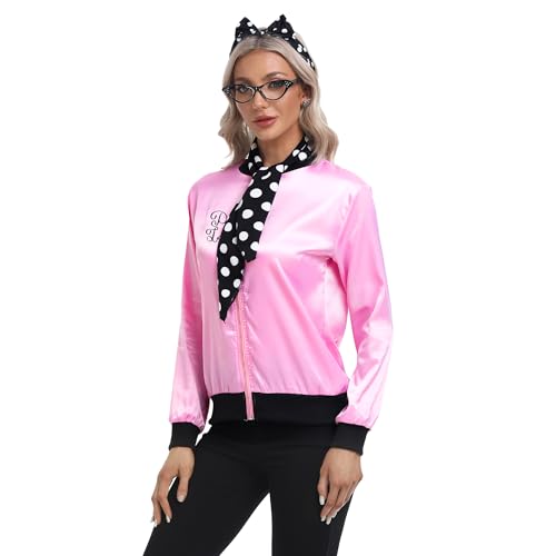 SOMSOC 5 Pieces 1950s Women Pink Satin Jacket with Polka Dot Scarf Headband Earrings Eye Glasses Halloween Party Costume Set