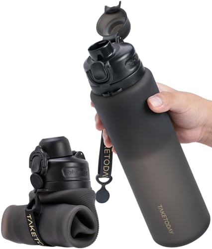 TakeToday Collapsible Water Bottles 32oz, Foldable Travel Water Bottle, BPA Free, Silicone Water Bottle Leakproof for Hiki...