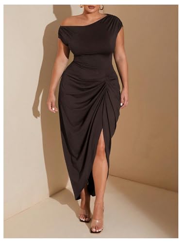 Floerns Women's Plus Size Asymmetrical Neck Long Dress Ruched Slit Hem Cocktail Dress