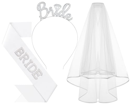 Papoopy 3Pcs Bride to Be Headband with Sash and Veil for Bachelorette Party Decorations, Bridal Shower Accessories for Gif...