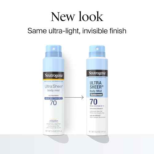 Neutrogena Ultra Sheer Body Mist Sunscreen Spray, Broad Spectrum SPF 70, Lightweight Spray Sunscreen, Non-Greasy & Water Resistant, Oil-Free & Non-Comedogenic UVA/UVB, 5 oz, Pack of 3