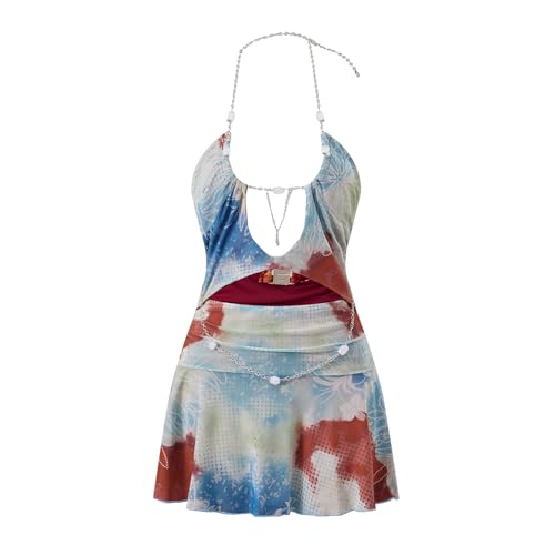 Muineobuka Women Y2k Boho Mini Skirt Sets Tie Dye Floral Print Hollow Out Backless Camisole and Mini Skirts 2 Piece Outfits