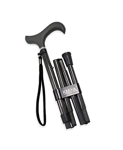 KMINA Folding Cane for Men and Women (Carbon Fiber), Soft Grip, Adjustable Height, Lightweight, Black, PRO Model