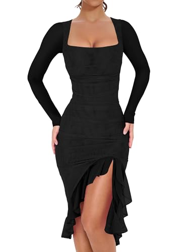 BORIFLORS Women's Sexy Ruched Bodycon Midi Dresses Elegant Mesh Long Sleeve Square Neck Ruffle Hem Cocktail Party Dress