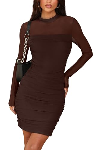 WIHOLL Women's Mesh Sheer Long Sleeve Ruched Mini Dress Sexy Bodycon Mock Neck Cocktail Party Club Dresses 2025