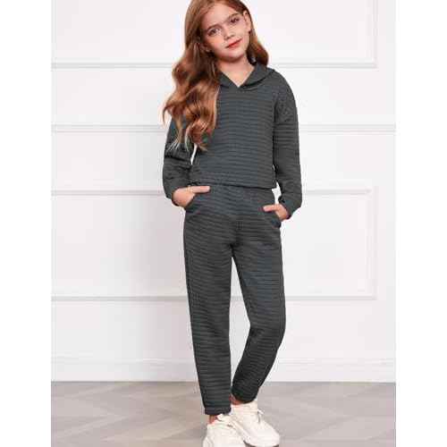 Arshiner Girls 2 Piece Outfit Waffle Knit Pullover Hooded Sweatshirt and Sweatpants Clothing Sets Long Sleeve Tracksuits