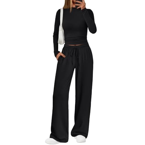 Trendy Queen Womens 2 Piece Matching Lounge Set Mock Turtleneck Top Wide Leg Pants Casual Sweatsuit with Pockets