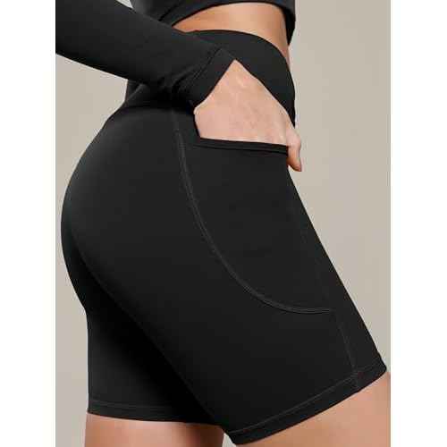 ODODOS Cloud Feeling Cross Waist Yoga Shorts with Pockets for Women, 6" Crossover High Waist Lounge Biker Shorts
