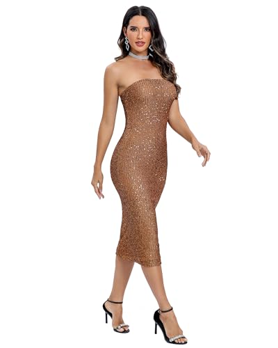 Capuffy Women Strapless Sequin Fantasy Midi Dress Sleeveless Tube Bodycon Club Dress Sparkly Glitter Cocktail Party Dress 77