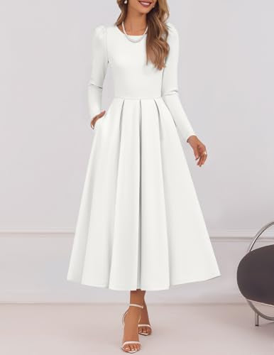 ZESICA Women's Long Sleeve Midi Dresses 2026 Fall Elegant Crewneck Swing A Line Wedding Guest Party Dress with Pockets