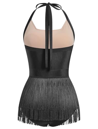 ODASDO Woman Latin Dance Costume Mesh Sequin Bodysuit Sparkly Jumpsuit Halter Neck Tassel Fringe Romper Mini Dress XS-XL
