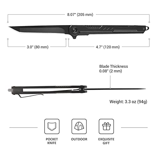 FUNBRO EDC Pocket Knife - 7CR13Mov Steel Tanto Blade, Slim Survival Knife with Clip and Liner Lock, Window Breaker for Out...