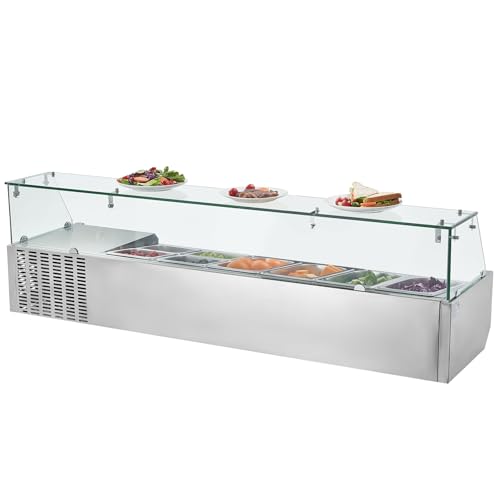VEVOR Refrigerated Condiment Prep Station, 130 W Countertop Refrigerated Condiment Station, with Four 1/3 Pans & Four 1/6 Pans, 304 Stainless Body and PC Lid, Sandwich Prep Table with Glass Guard