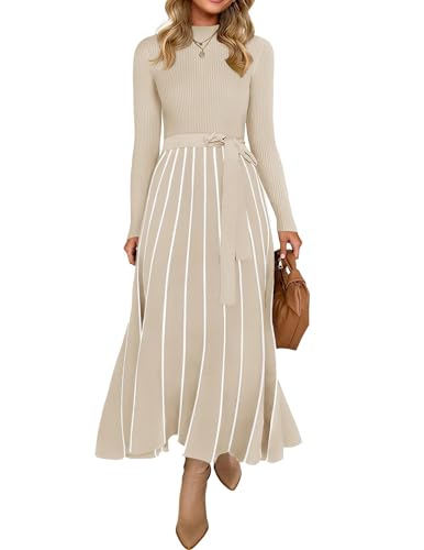 ZESICA Womens 2026 Spring Turtleneck Long Sleeve Sweater Dress Tie Waist Casual Loose Ribbed Knit A Line Midi Dresses