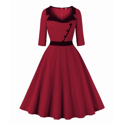 Wellwits Women's Collared Button 3/4 Sleeves 1940s Vintage Work Dress