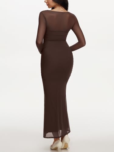 REORIA Long Sleeve Wedding Guest Maxi Dresses for Women Sheer Mesh Square Neck Ruched Bodycon Long Dress 2025 Fall Outfits