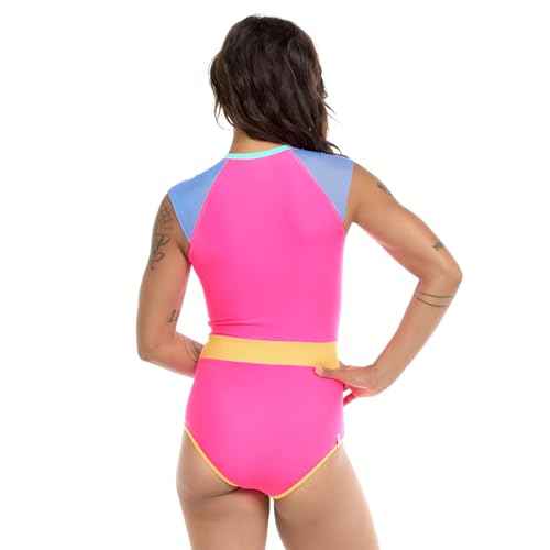 Body Glove Women's Standard Stand Up Zip Front Paddle One Piece Swimsuit with UPF 50+, Bubble Gum Colorblock