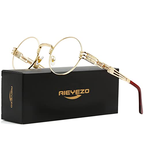 AIEYEZO Round Steampunk Sunglasses for Men Women Retro Circle Hippie Glasses Metal Frame 100% UV Blocking Lens