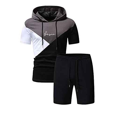 WDIRARA Men's Letter Print Colorblock Drawstring Hooded Tee and Biker Shorts Set