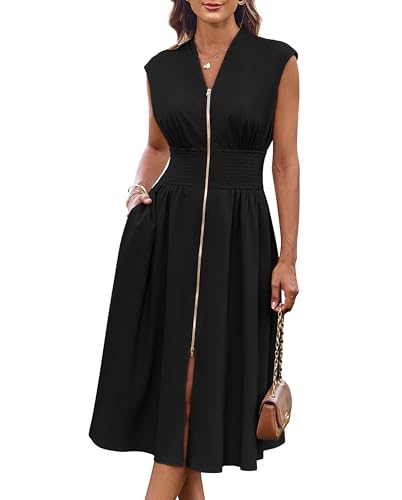 GRACE KARIN Womens Summer Casual Dress, Business Office Work Dresses, Cap Sleeve Zipper Front Flowy Midi Dress with Pockets