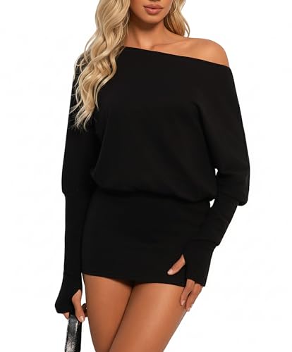 Coloquin Women Off Shoulder Batwing Long Sleeve Bodycon Mini Dress Y2k Party Going Out Dresses
