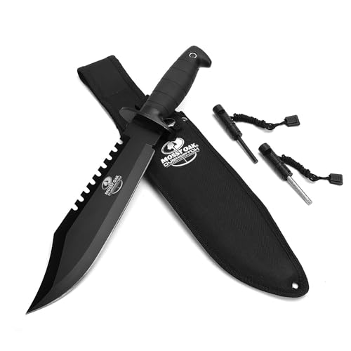 Mossy Oak Survival Hunting Knife with Sheath, 15-inch Fixed Blade Tactical Bowie Knife with Sharpener & Fire Starter for C...
