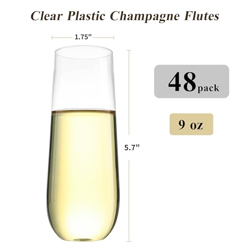 Bestluck 48 Pack 9 oz Stemless Plastic Champagne Flutes, Clear Disposable Champagne Toasting Glasses, Shatterproof and BP...