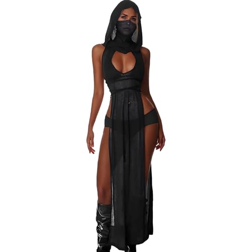 Joanyanl Rave Outfits for Women, Goth Sleeveless Hooded Sheer Knit Dress,EDM Festival Outfits Streetwear