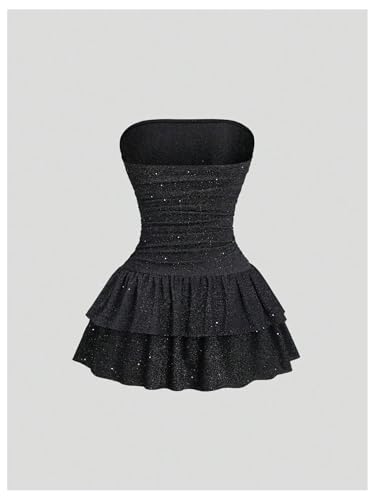 Floerns Women's Rhinestone Strapless Tube Dress Ruched Layered Ruffle Party Mini Dresses