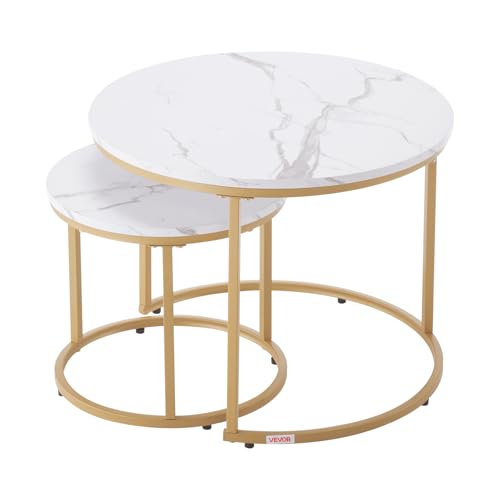 VEVOR Nesting Tables, Coffee Table Set of 2, 23.6 inch Round Coffee Table, Small Coffee Tables Night Stand with Metal Frame, for Living Room, Bedroom, Office (White & Gold)