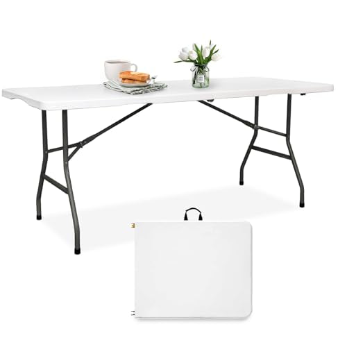 pollilar Folding Table 6FT Plastic 6 Foot Foldable Table HDPE Portable Banquet Surface Fold-in-Half Desk Utility for Worki...