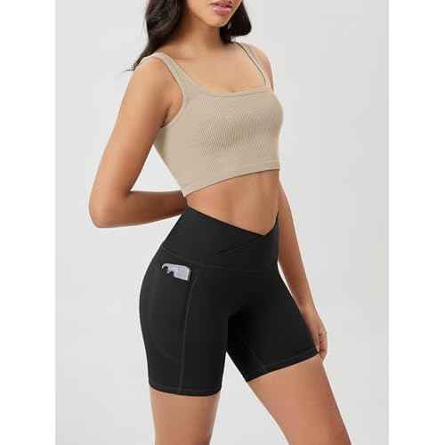 ODODOS Cloud Feeling Cross Waist Yoga Shorts with Pockets for Women, 6" Crossover High Waist Lounge Biker Shorts