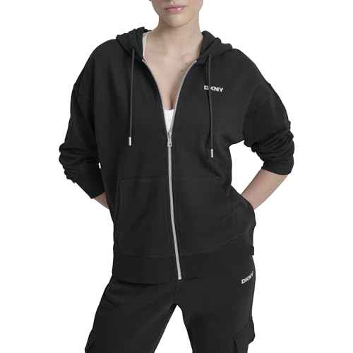 DKNY Women's Mini Stud Logo Full Zip Hoodie Sweatshirt