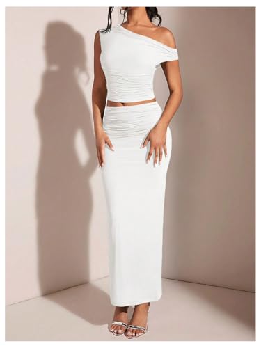 WDIRARA Women's 2 Piece Outfits Floral Print One Shoulder Crop Top Bodycon Ruched Maxi Skirt Set