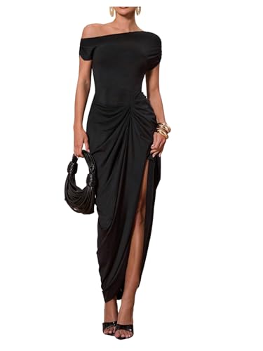 Floerns Women's Elegant Long Dress Asymmetrical Off Shoulder Ruched Slit Bodycon Cocktail Dresses