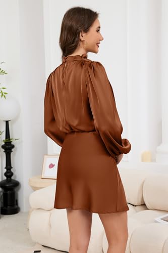 ZTMZA Women's 2025 Fall Long Sleeve Satin Short Dress Elegant Mock Neck Formal Wedding Guest Cocktail Party Mini Dresses