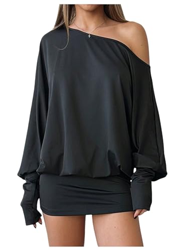 SOLY HUX Women's Long Sleeve Off The Shoulder Dress Y2k Mini Dress Streetwear Music Festival Outfits